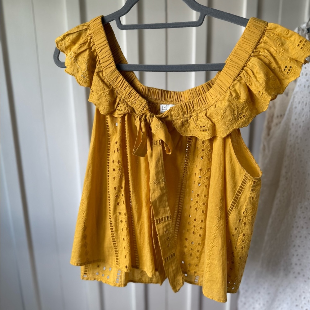 Zara Mustard Ruffled Eyelet Blouse